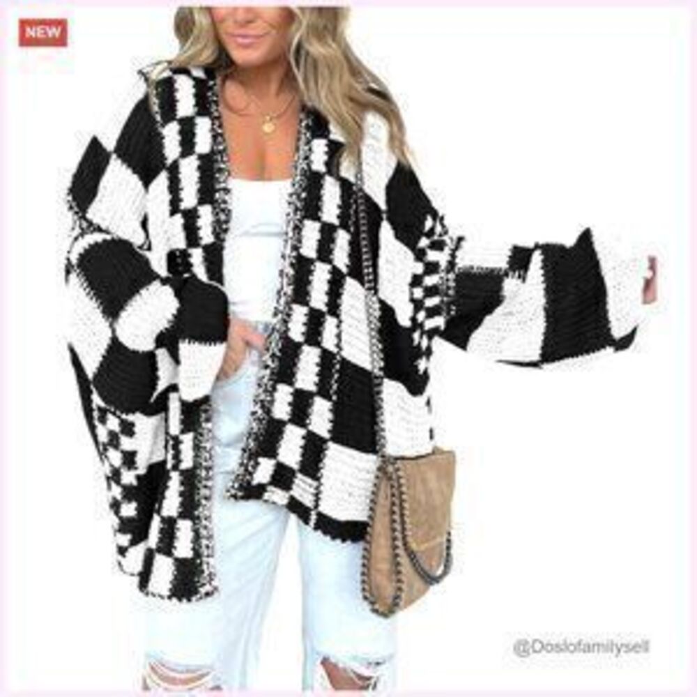 Open Front Chunky Knit Cardigan Sweater, Loose Fit, Ribbed, Checkered Pattern